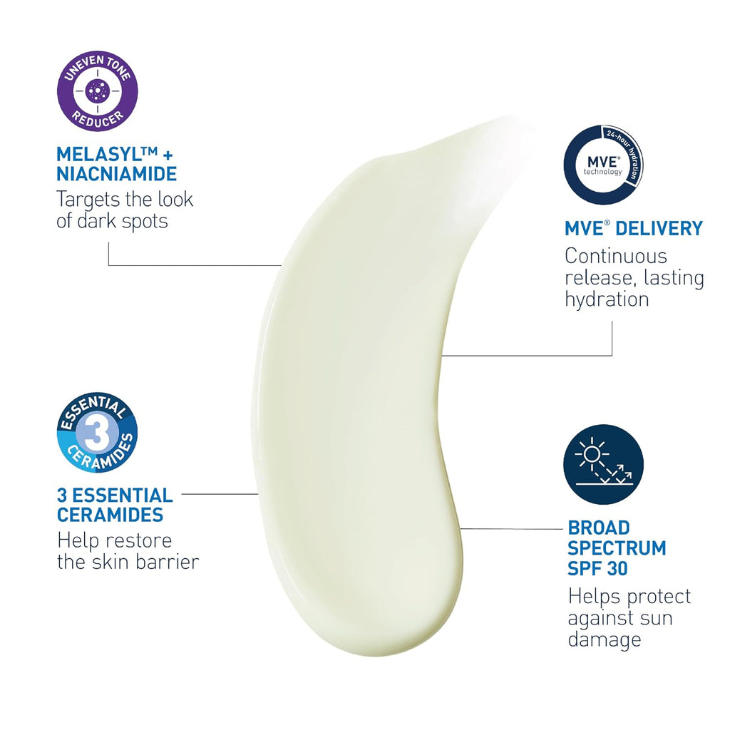 Product droplet with text highlighting features like Melasyl+, Niacinamide, MVE Delivery, Essential Ceramides, and Broad Spectrum SPF 30 on a white background.