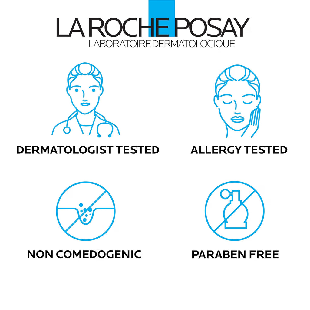 La Roche-Posay advertisement highlighting dermatologist-tested, allergy-tested, non-comedogenic, and paraben-free products.