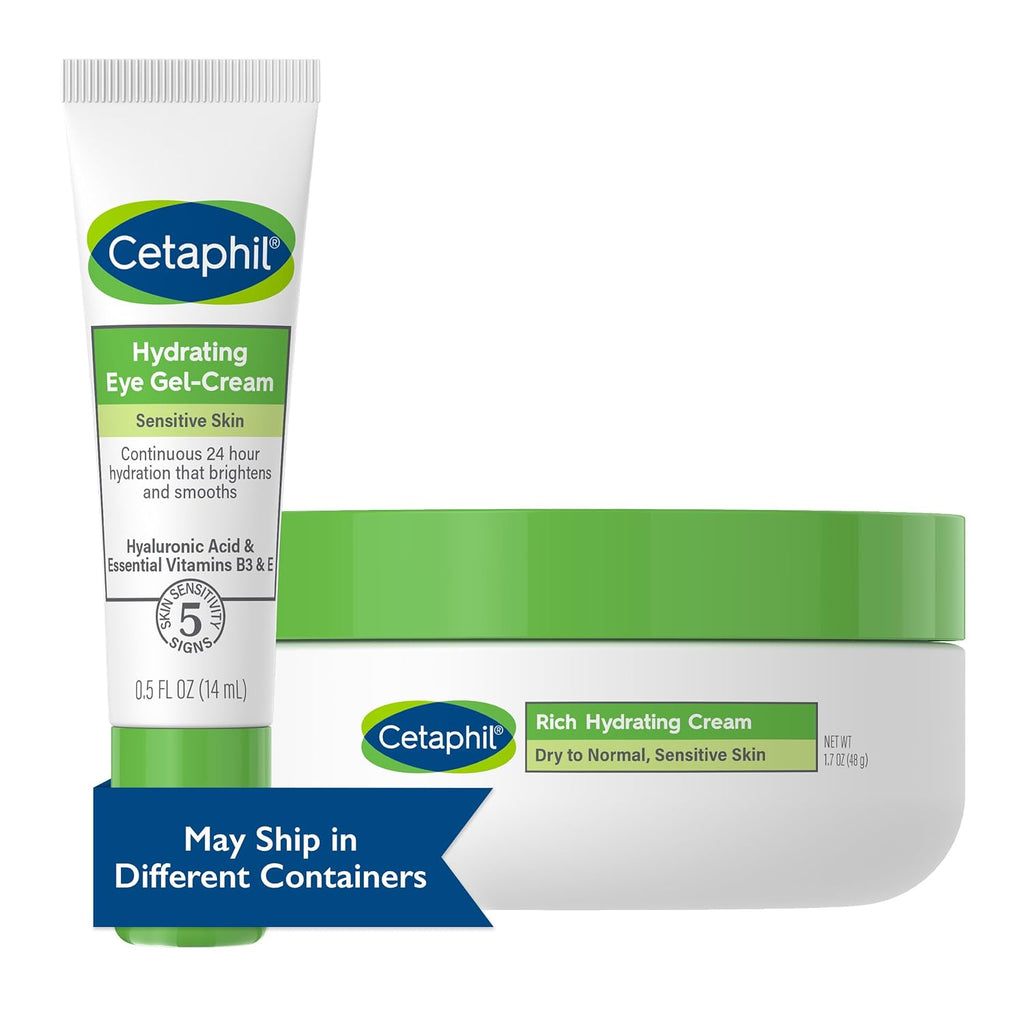 Cetaphil eye gel-cream and rich hydrating cream on a white background
