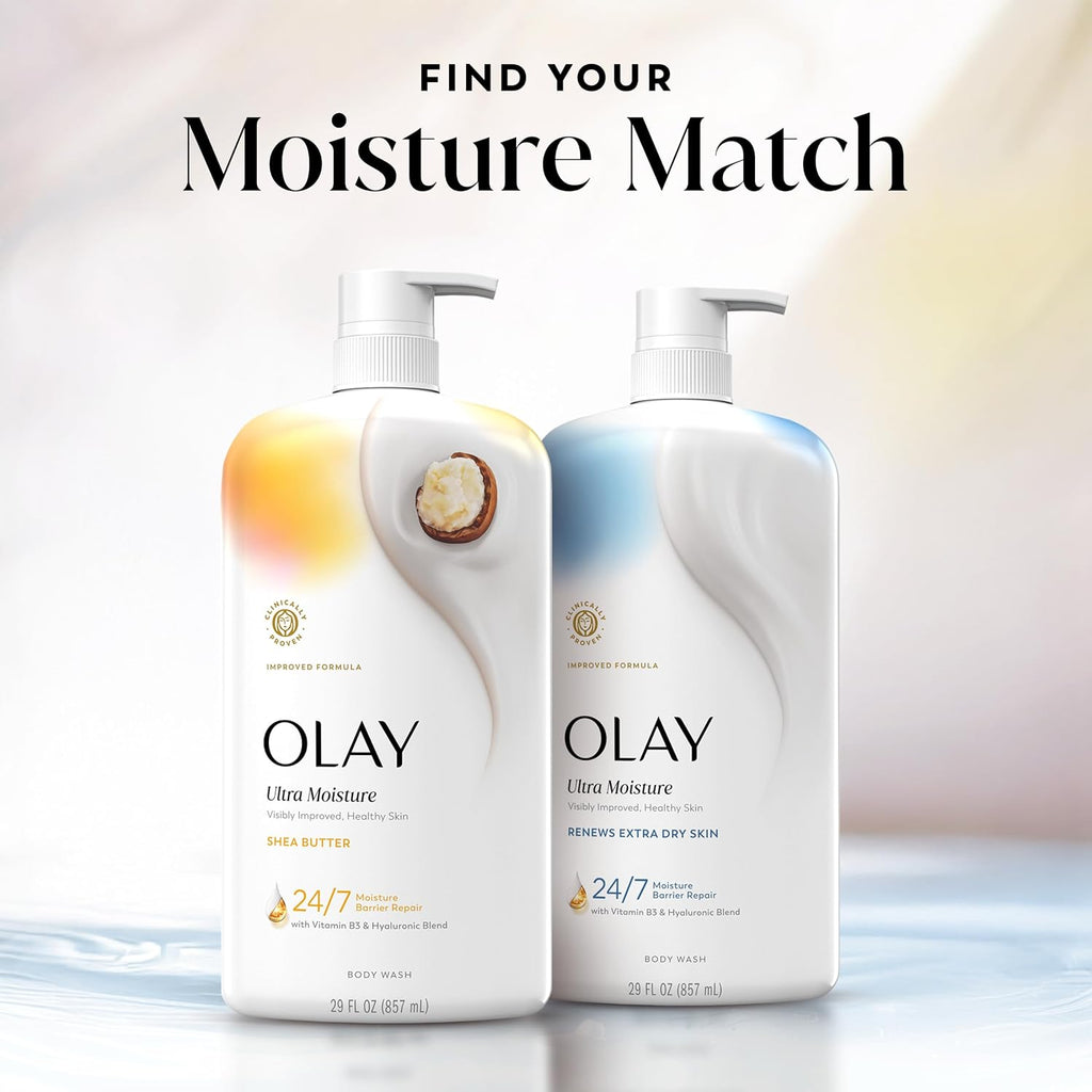 Two Olay Ultra Moisture body wash bottles on a soft white and beige background with the text 'FIND YOUR Moisture Match' above them. The left bottle is labeled Shea Butter with a warm yellow-orange gradient and cocoa bean graphic, and the right bottle is labeled Renew Extra Dry Skin with a light blue gradient.