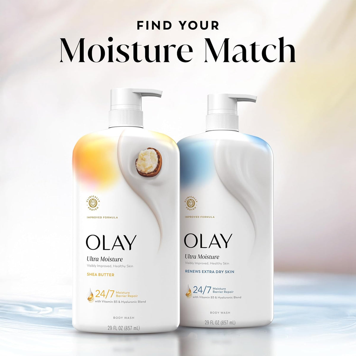 Two Olay Ultra Moisture body wash bottles on a soft white and beige background with the text 'FIND YOUR Moisture Match' above them. The left bottle is labeled Shea Butter with a warm yellow-orange gradient and cocoa bean graphic, and the right bottle is labeled Renew Extra Dry Skin with a light blue gradient.