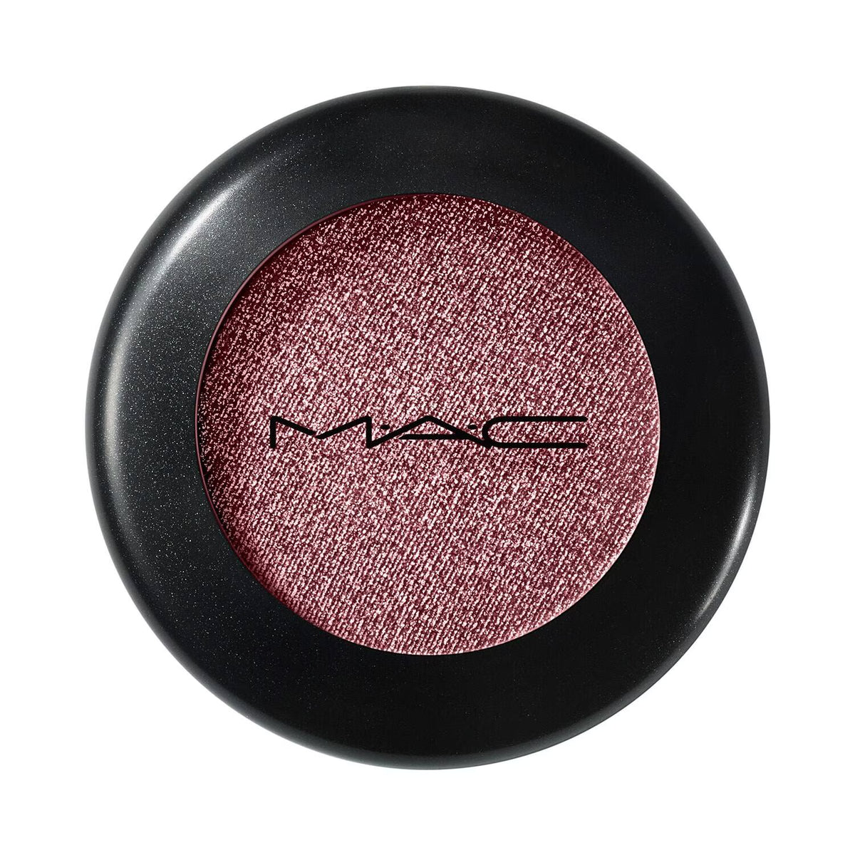 A single round MAC eyeshadow compact on a plain white background. The compact is black and contains a shimmering dusty rose pink eyeshadow with the MAC logo printed in black in the center.