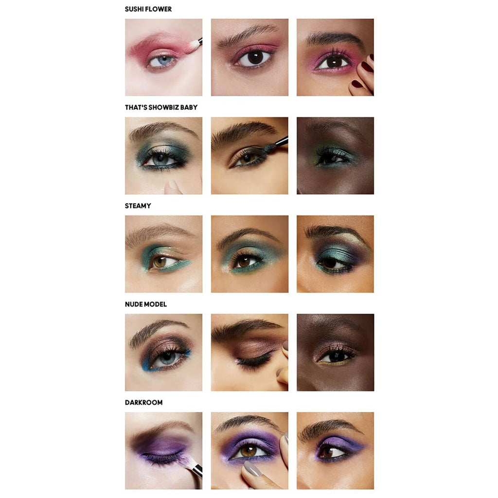 A collage of six makeup look examples labeled 'SUSHI FLOWER', 'THAT'S SHOWWIZ BABY', 'STEAMY', 'NUDE MODEL', and 'DARKROOM', showing close-up views of eyes wearing different eyeshadow palettes and eye makeup styles.