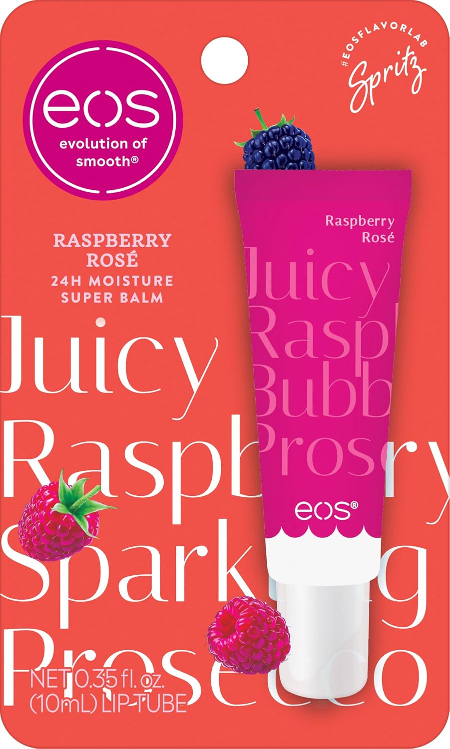 eos Raspberry Rosé lip balm packaging on a red background
