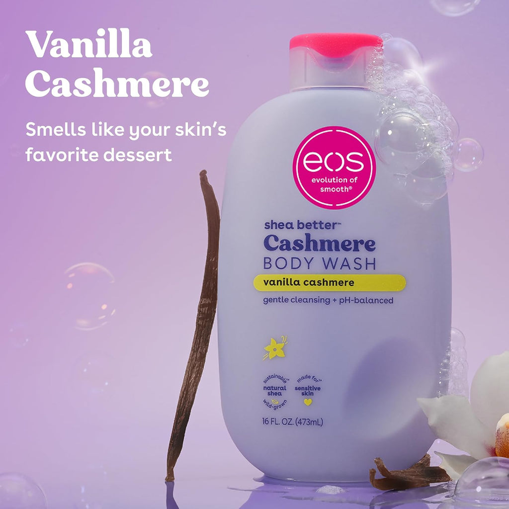 EOS Vanilla Cashmere body wash bottle with vanilla bean and orchid on a purple background