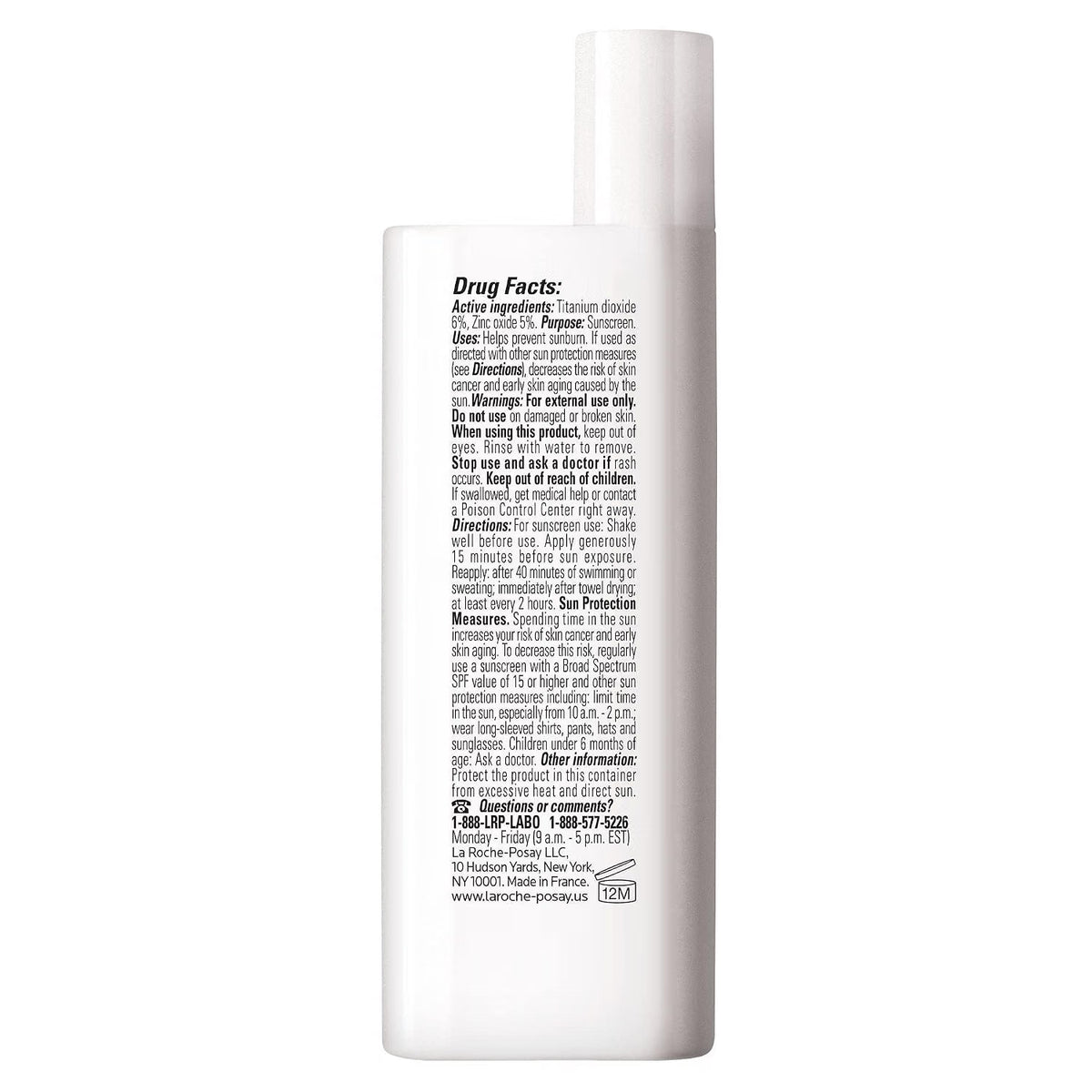The back of a white cylindrical bottle of La Roche-Posay Tolerine Daily Moisturizer, showing the black printed Drug Facts panel on a clean white background.