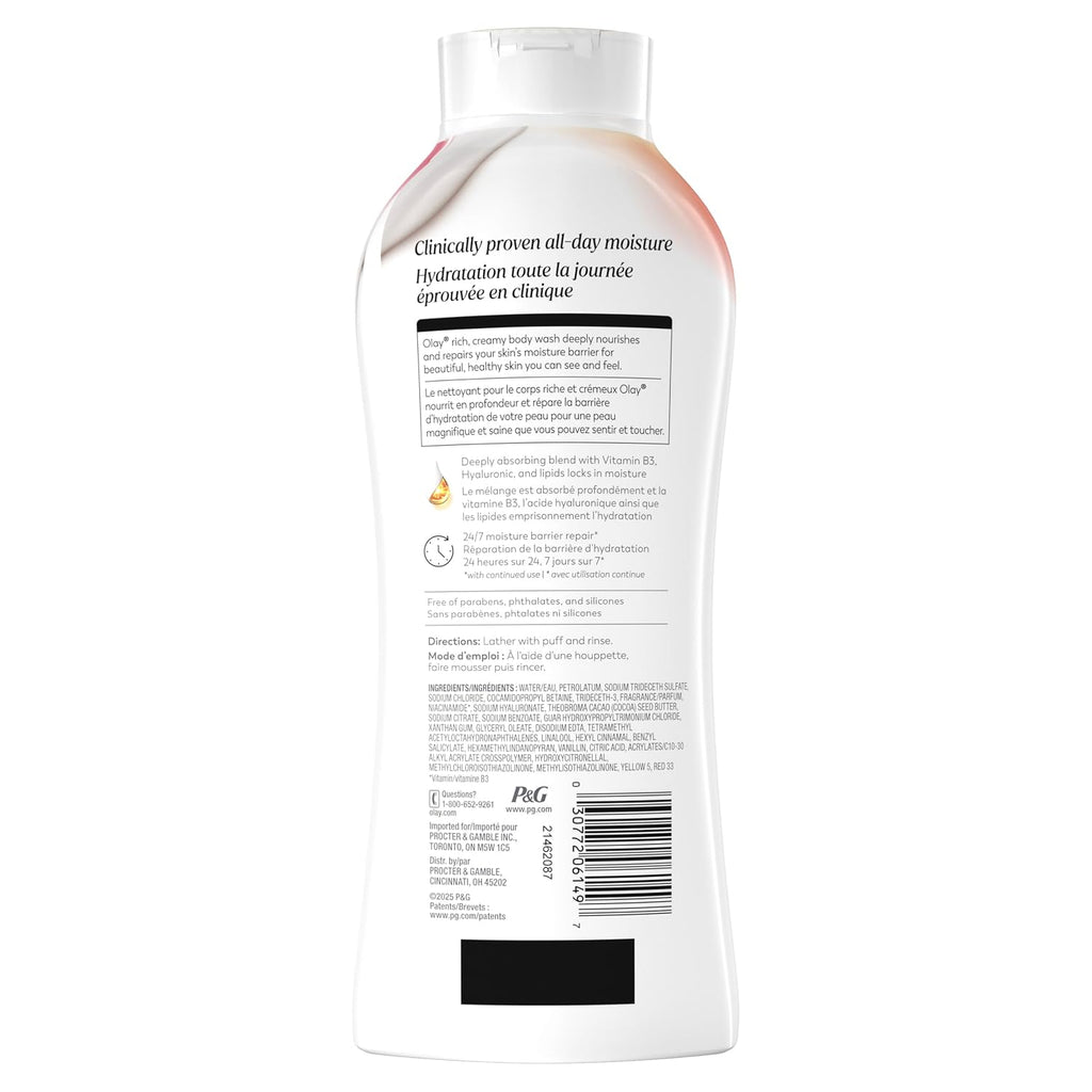 Back view of a large white plastic bottle of CeraVe Hyaluhydrating All-Over Moisture body lotion, showing the detailed product instructions and ingredients on the label.