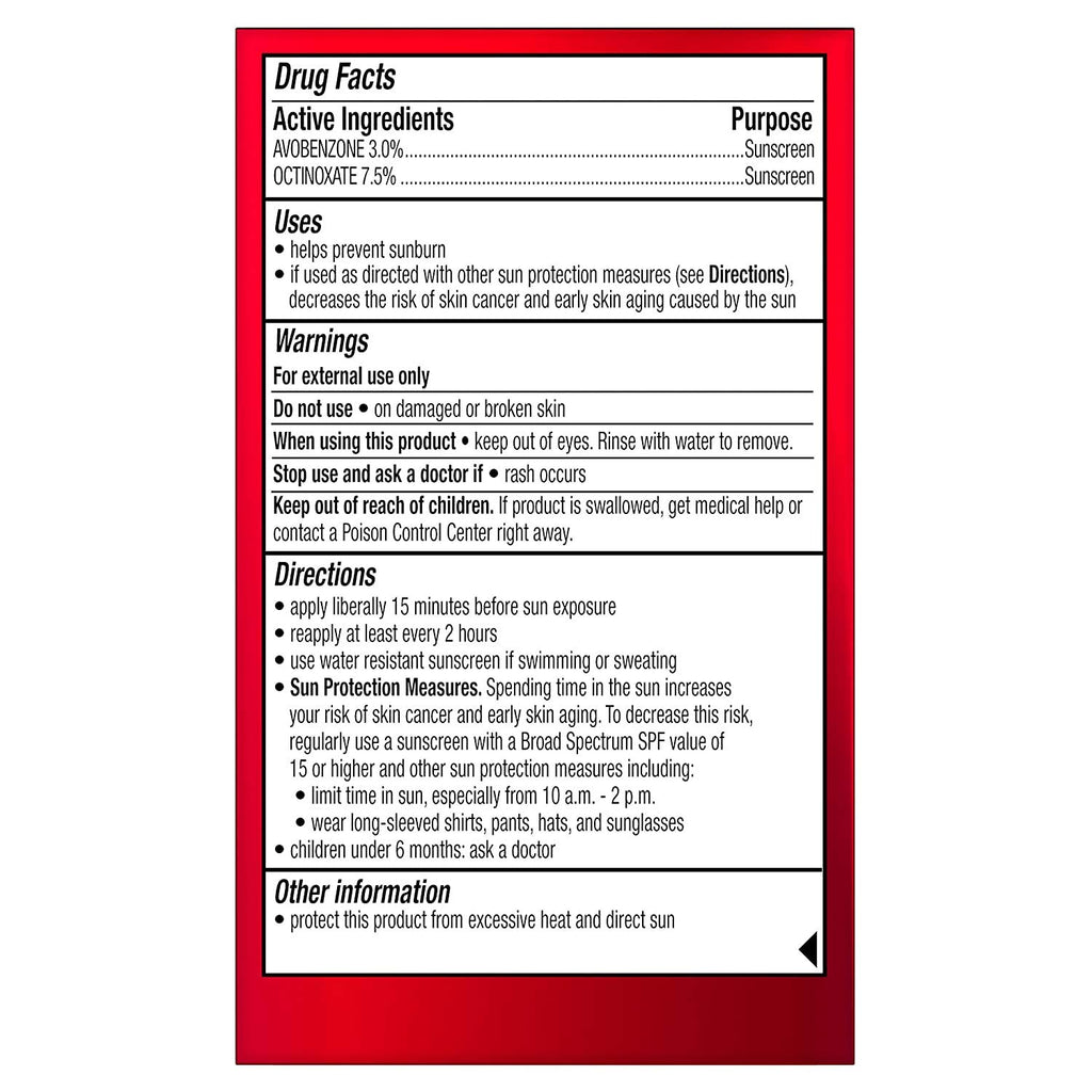 Sunscreen label with red border and white background