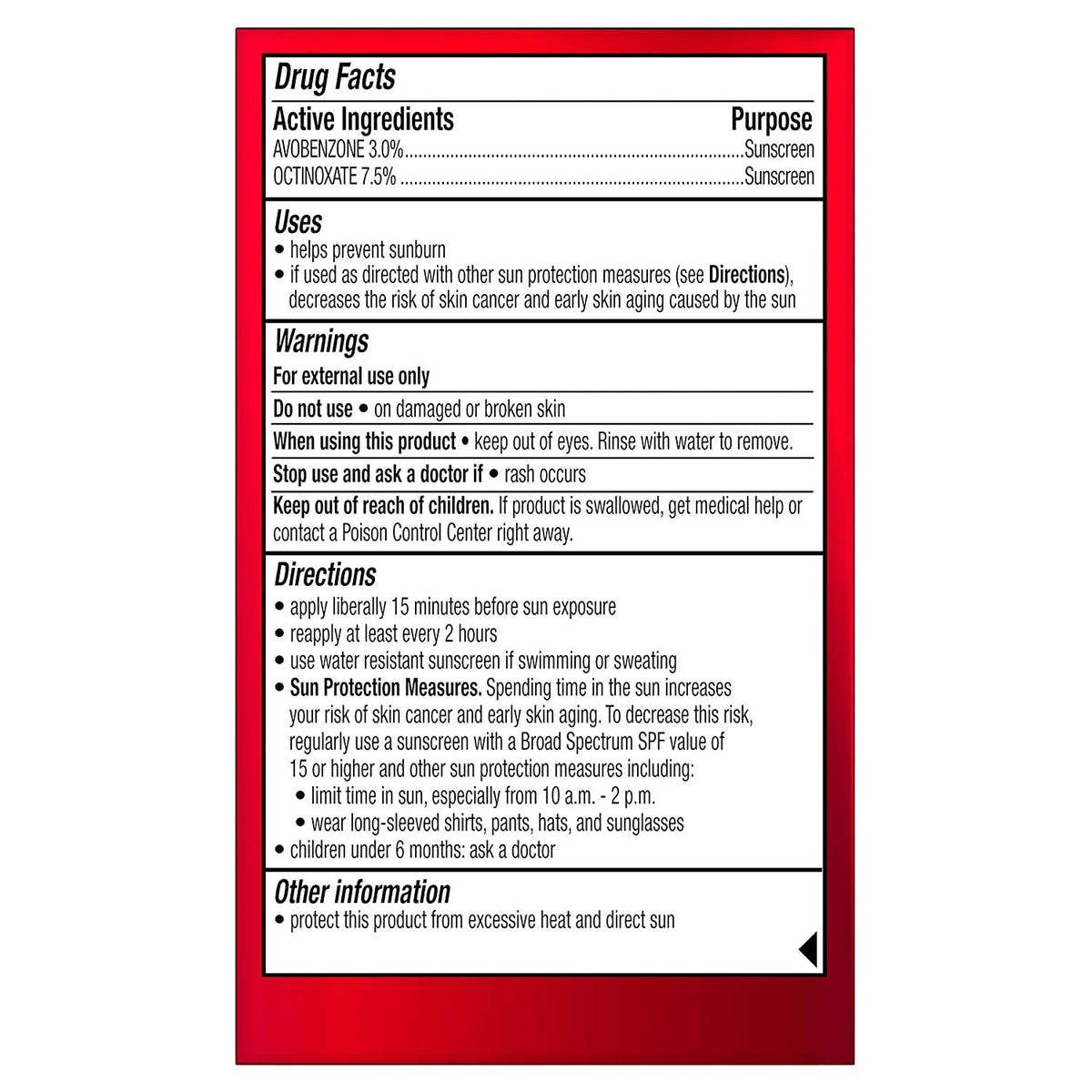Sunscreen label with red border and white background