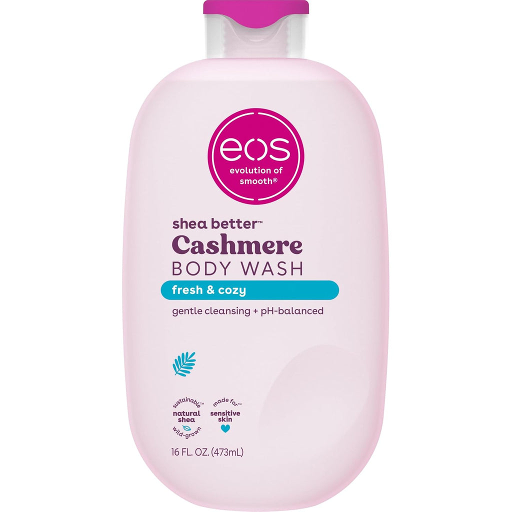 Pink bottle of eos Cashmere Body Wash on a white background