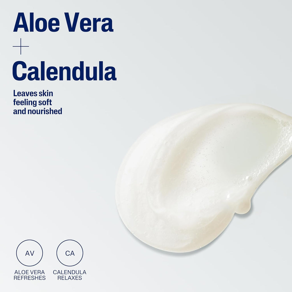 Aloe Vera + Calendula skincare text on a light gray background with a creamy off-white product smear shown on the right. Small circular icons at the bottom label the ingredients.