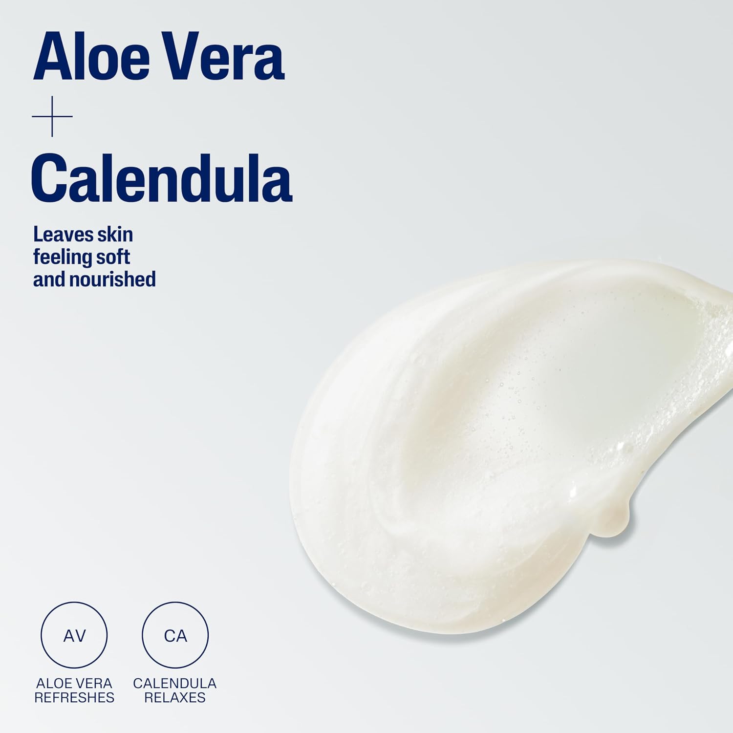 Aloe Vera + Calendula skincare text on a light gray background with a creamy off-white product smear shown on the right. Small circular icons at the bottom label the ingredients.