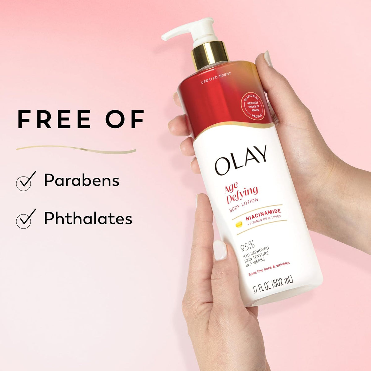 Olay body lotion held by a hand with 'Free of Parabens and Phthalates' text on a pink background