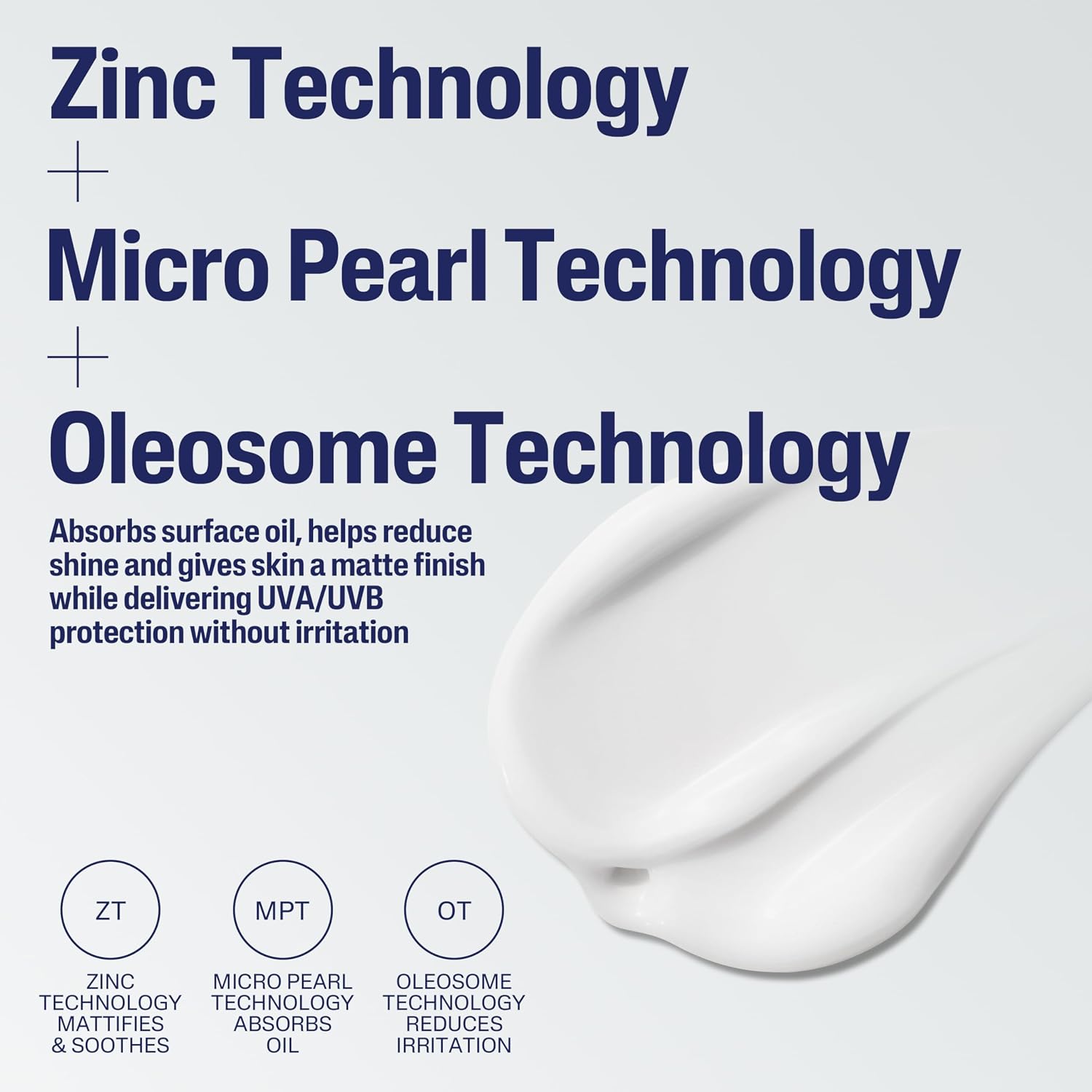 Text detailing Zinc Technology, Micro Pearl Technology, and Oleosome Technology with a close-up of a white product.