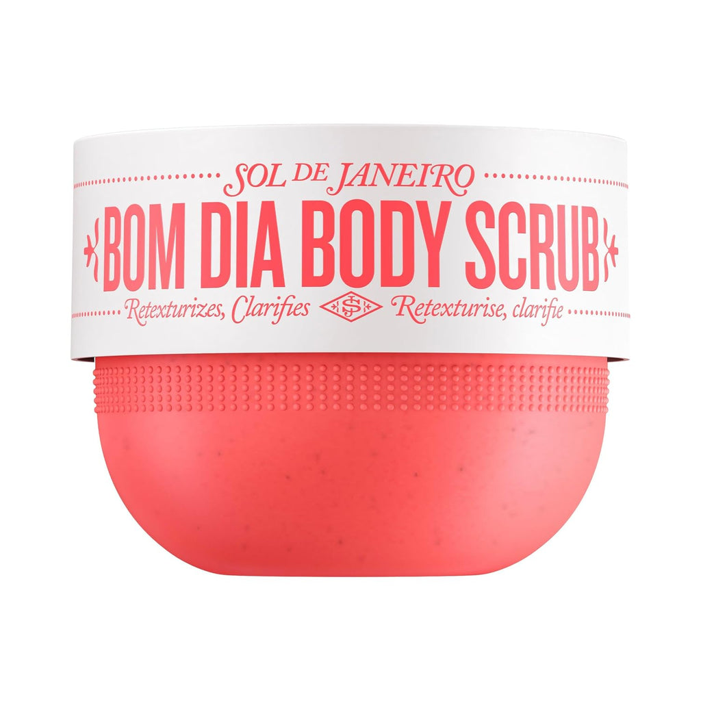A jar of SOL DE JANEIRO BOM DIA BODY SCRUB with a white label and a textured coral-pink scrub visible at the bottom, isolated on a white background.