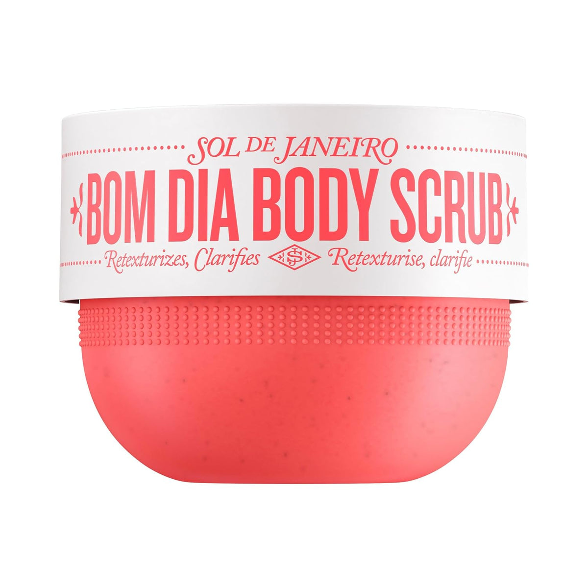 A jar of SOL DE JANEIRO BOM DIA BODY SCRUB with a white label and a textured coral-pink scrub visible at the bottom, isolated on a white background.