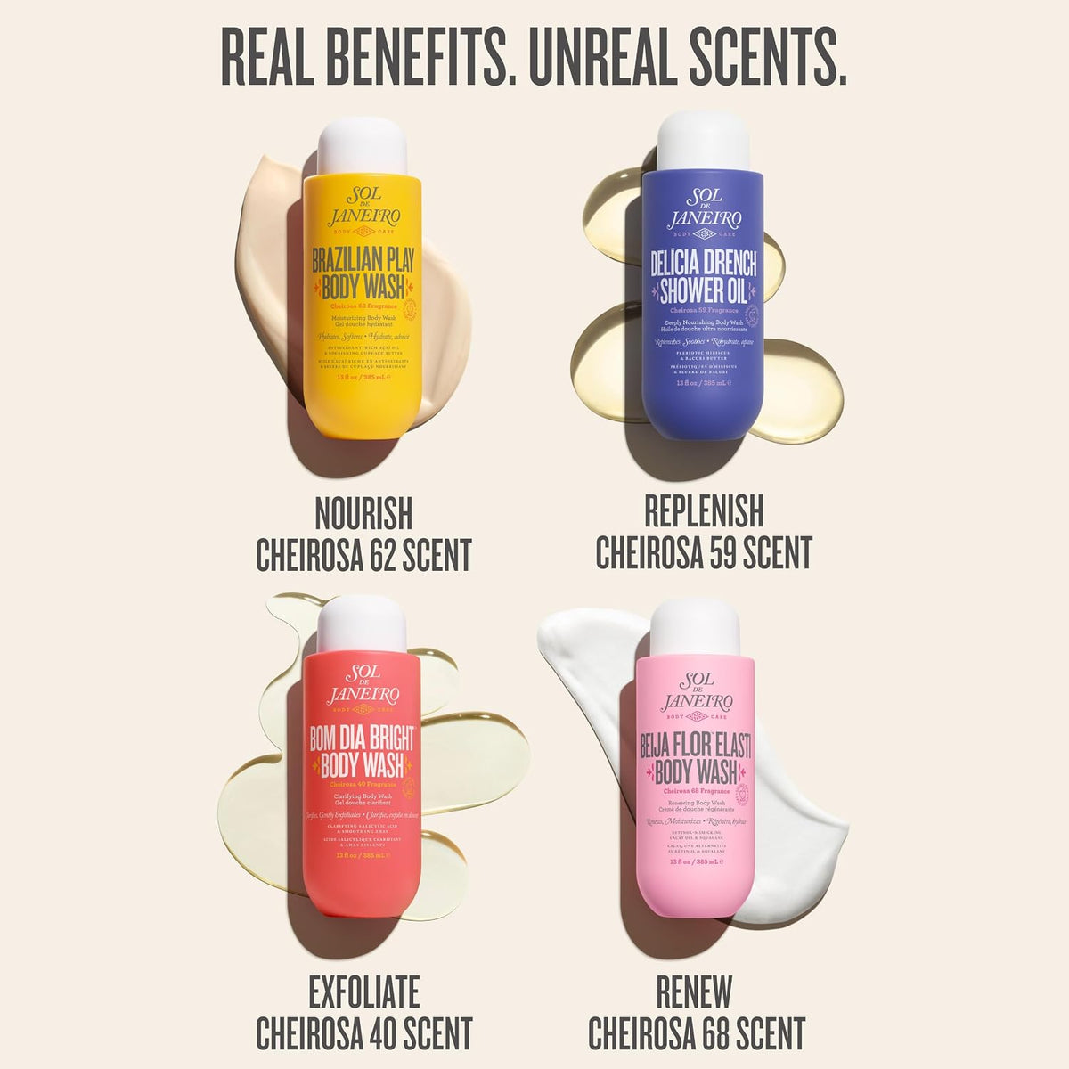 Five bottles of Sol de Janeiro body wash and shower oil with product names and scents on a beige background.