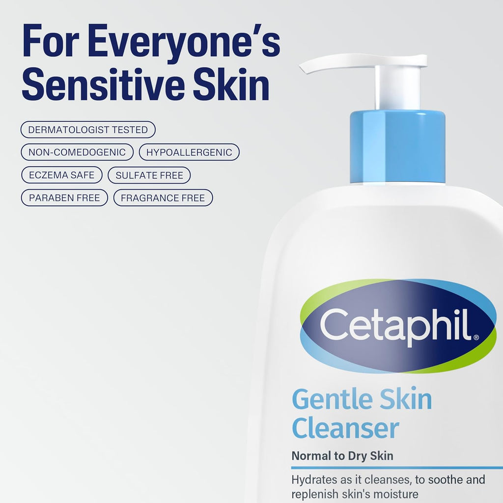 Cetaphil Gentle Skin Cleanser bottle on a light gray background with product features listed.