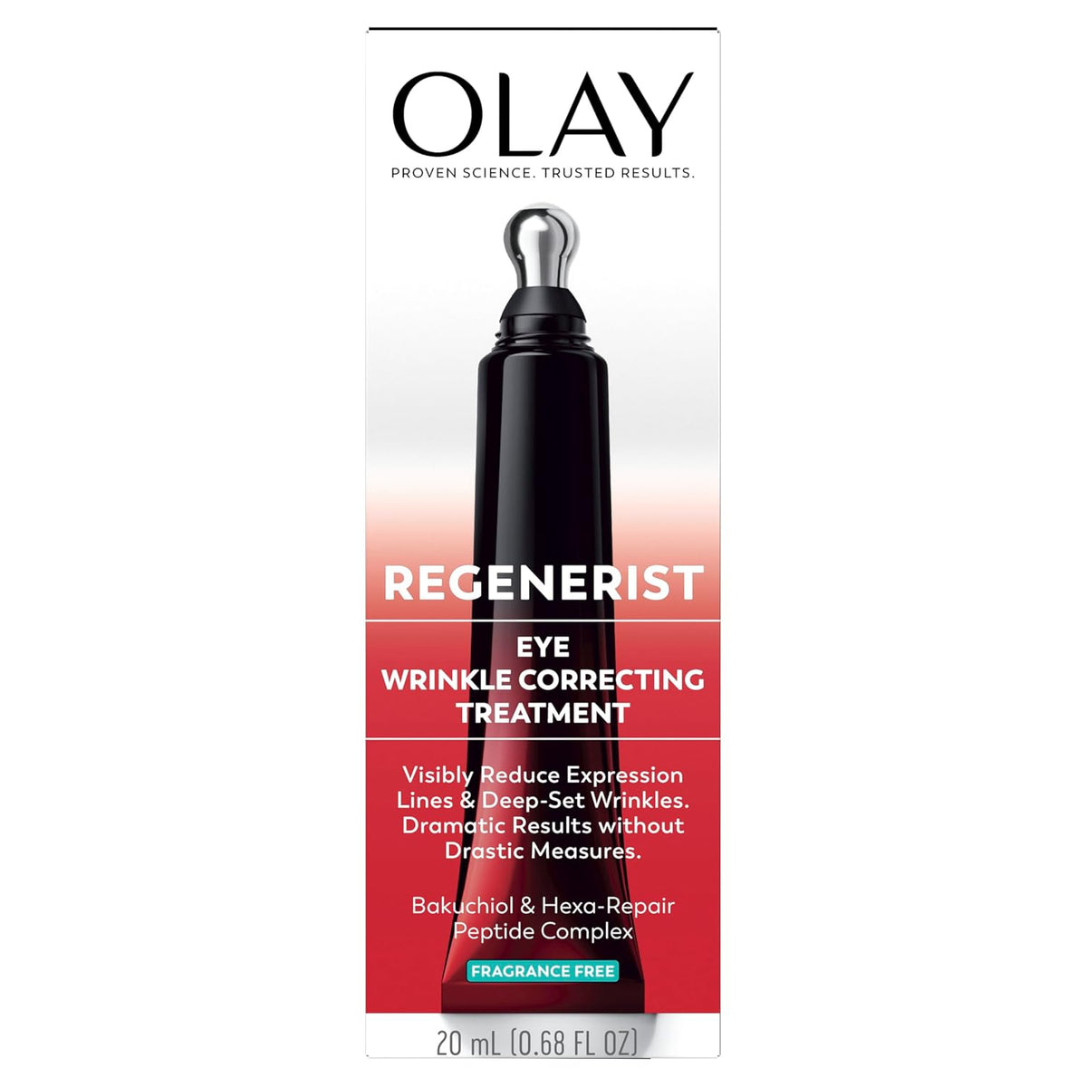 Olay Regenerist Eye Wrinkle Correcting Treatment in a 20 mL box, featuring a black eye-tray applicator with a silver cap on a white and red background.