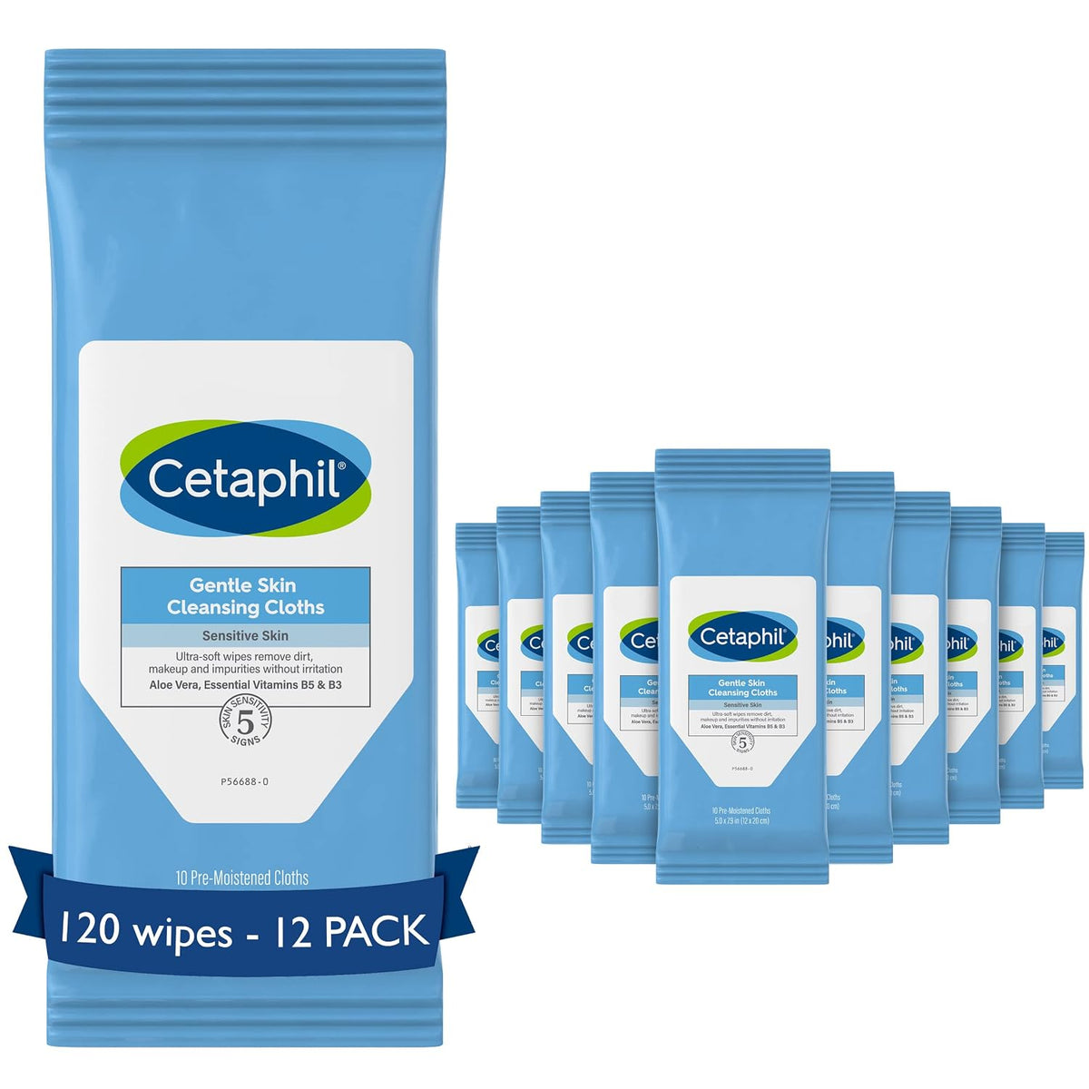 Cetaphil Gentle Skin Cleansing Cloths packaging with multiple packs on a white background