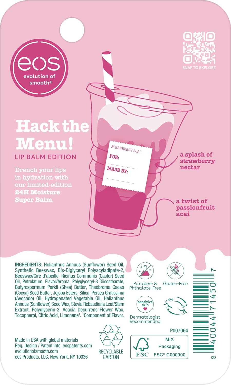 Pink lip balm packaging with illustration of a strawberry milkshake and text on a white background