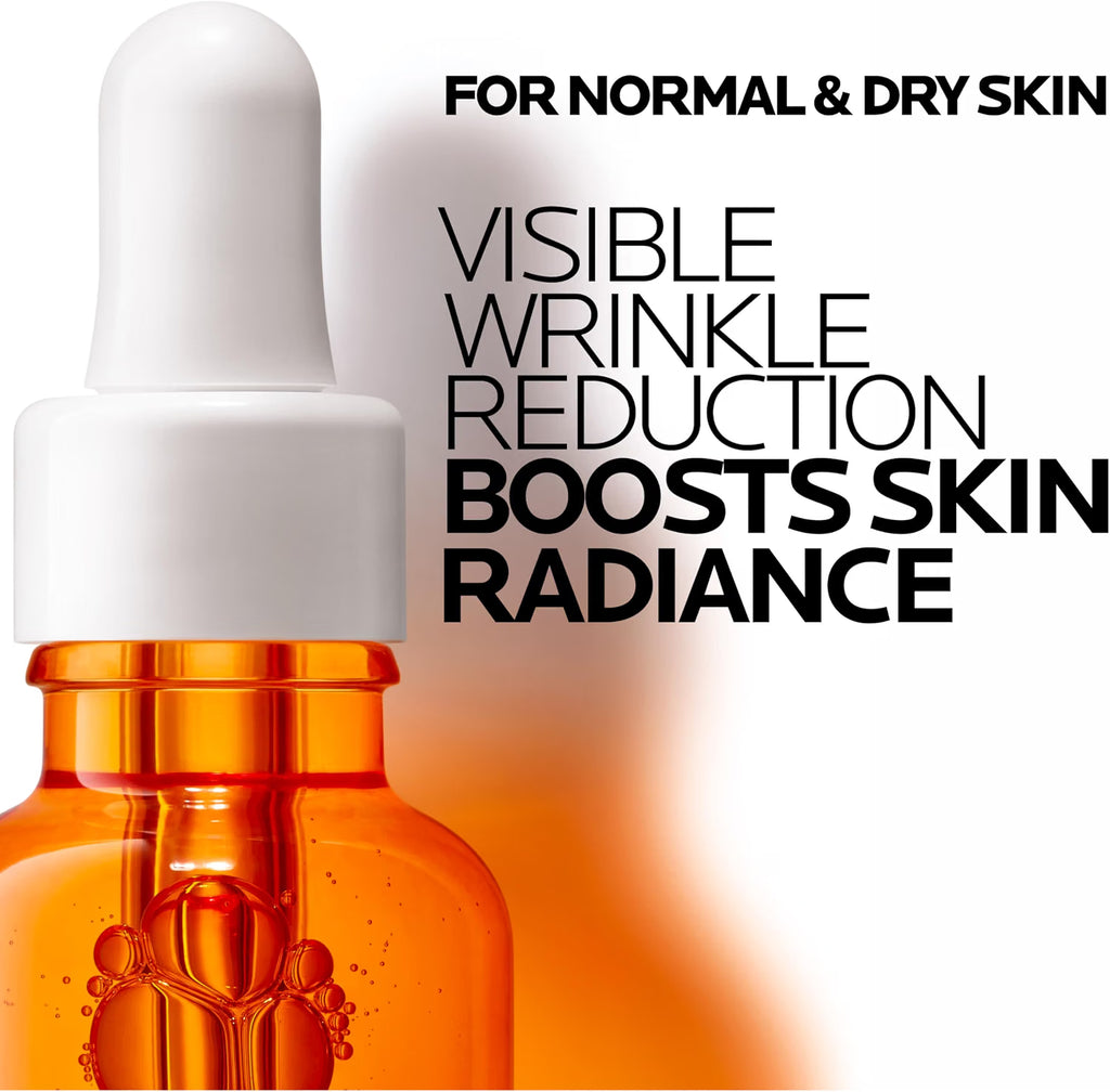 An amber glass dropper bottle with a white cap on a white background, accompanied by promotional text that reads 'FOR NORMAL & DRY SKIN', 'VISIBLE WRINKLE REDUCTION', and 'BOOSTS SKIN RADIANCE'.