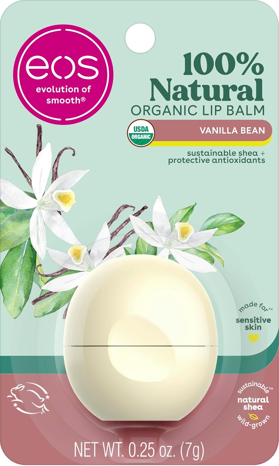 EOS 100% Natural Organic Lip Balm in Vanilla Bean scent, shown in its retail packaging. The package features a light mint green background with illustrations of vanilla flowers, a pink circular 'eos' logo, and a round, off-white lip balm capsule in the center.