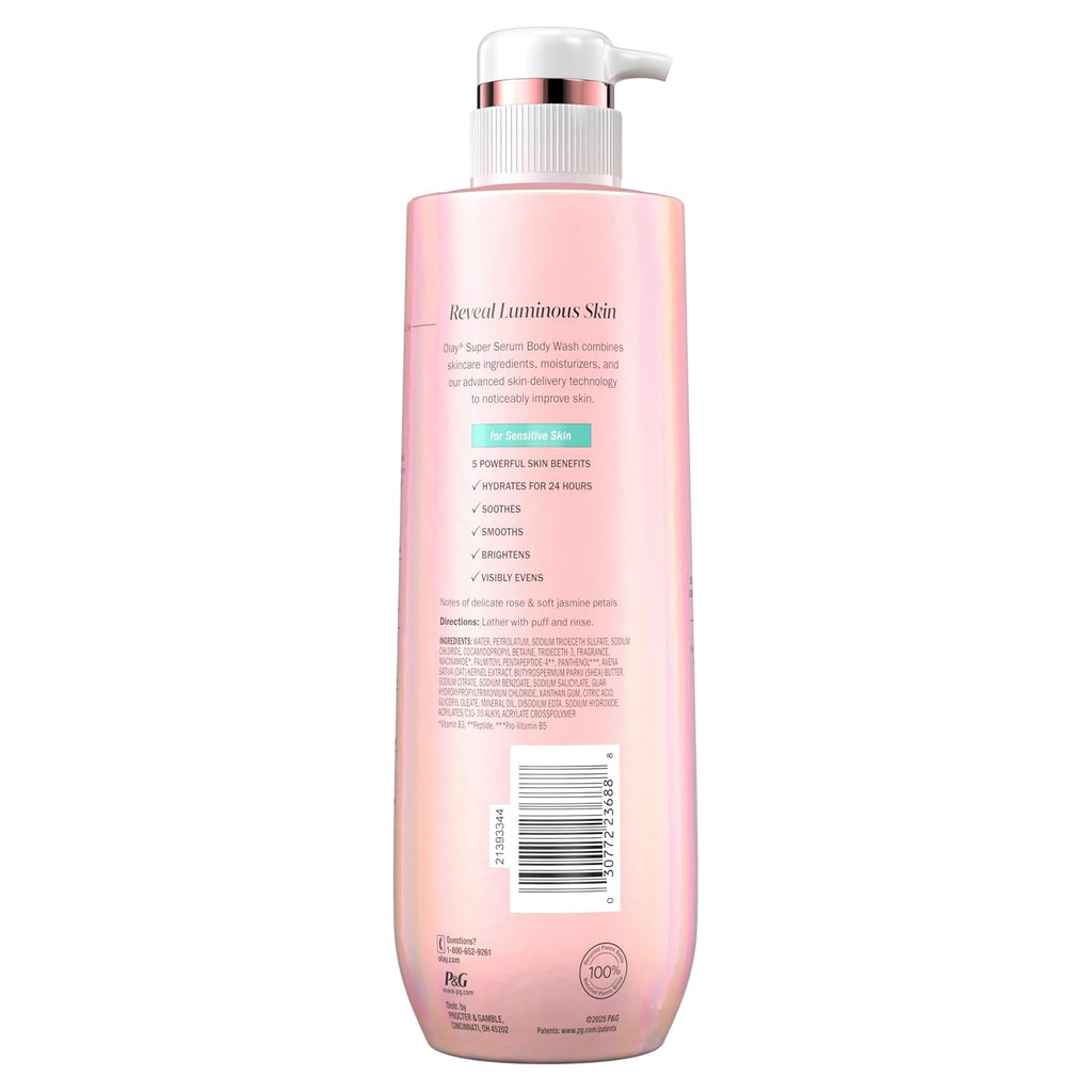 A tall, translucent pink bottle of body wash with a white pump dispenser, shown from the back on a plain white background. The label features black text, a barcode, and a small teal badge.