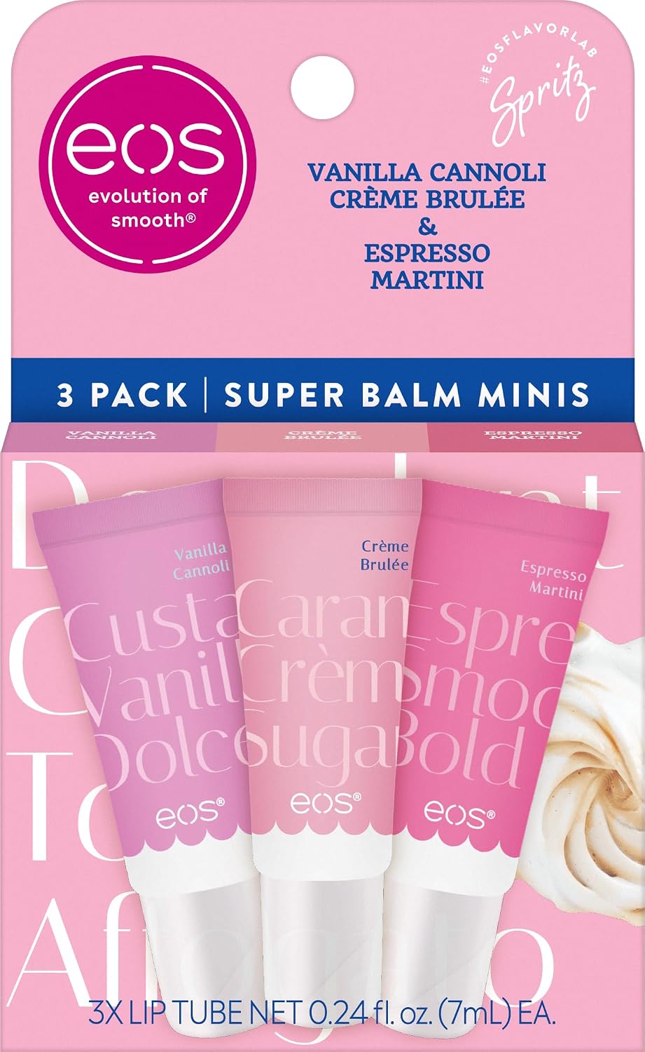 Packaging of eos lip balm minis with vanilla cannoli and espresso flavors.