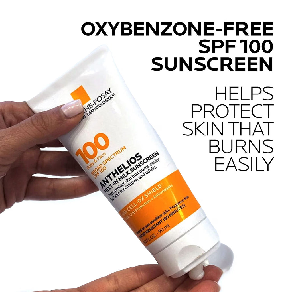 Tube of Anthelios sunscreen held by a hand with text about oxybenzone-free SPF 100 sunscreen.