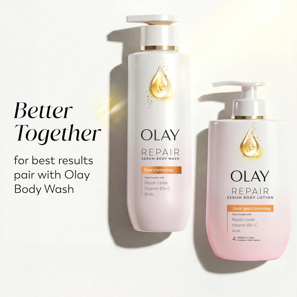 Two Olay Repair serum body wash products on a white background with promotional text. The left is a tall white pump bottle labeled Pure Correcting, and the right is a pink pump bottle labeled Dark Age Correcting.