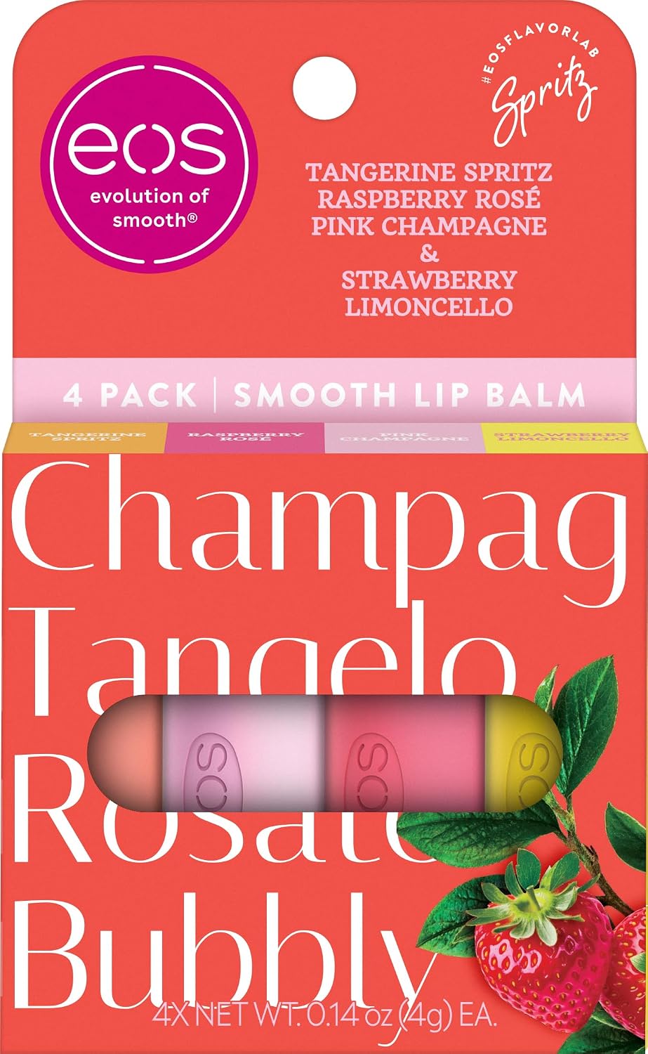 Packaging of eos lip balm with flavors listed on a red background