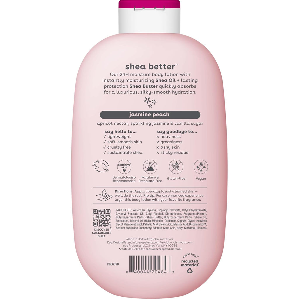 Pink bottle of shea butter lotion with label on a white background