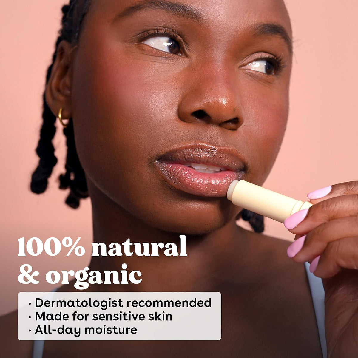 Woman applying a 100% natural and organic lip balm with text highlighting its features.