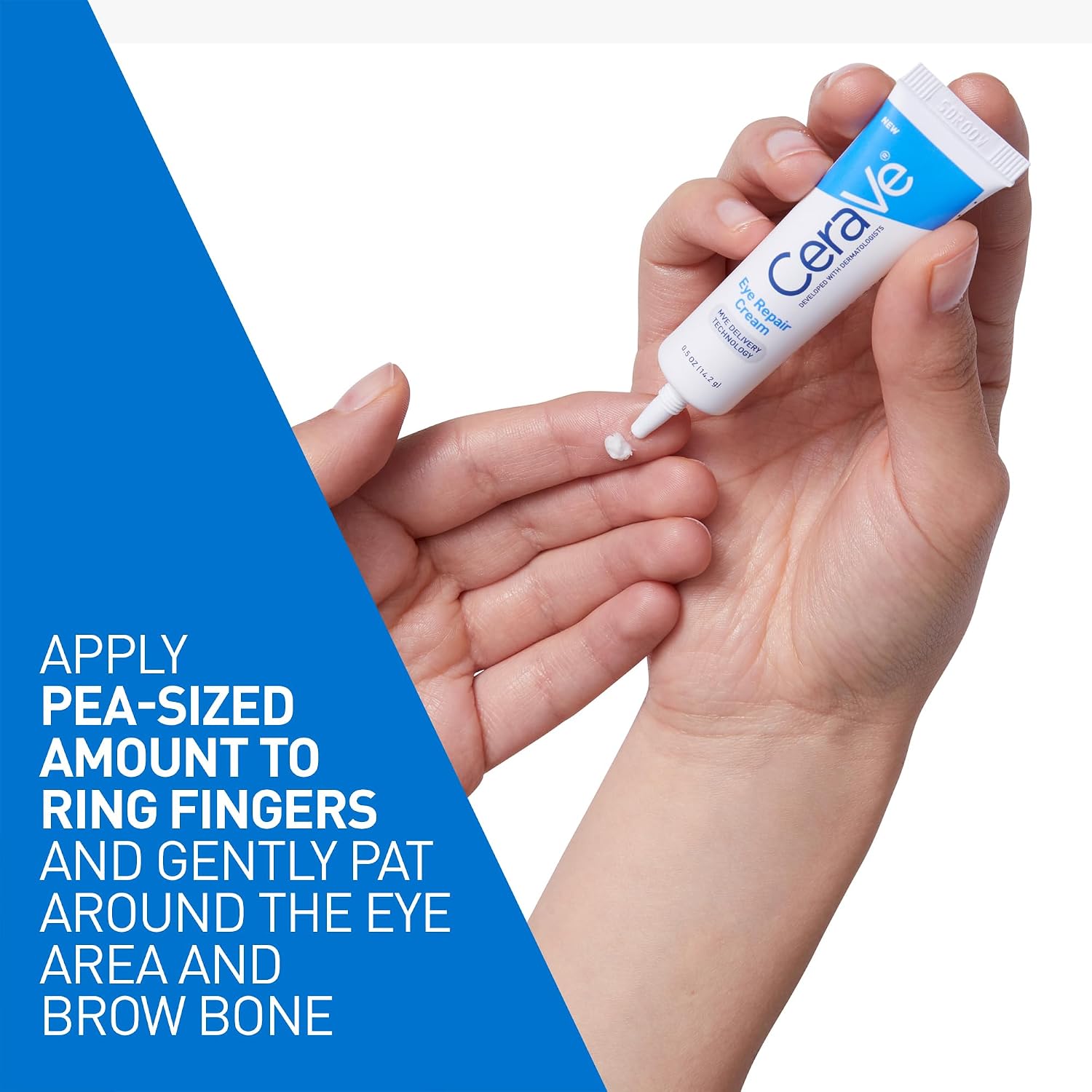 CeraVe eye cream being applied to a hand with text instructions on a blue and white background