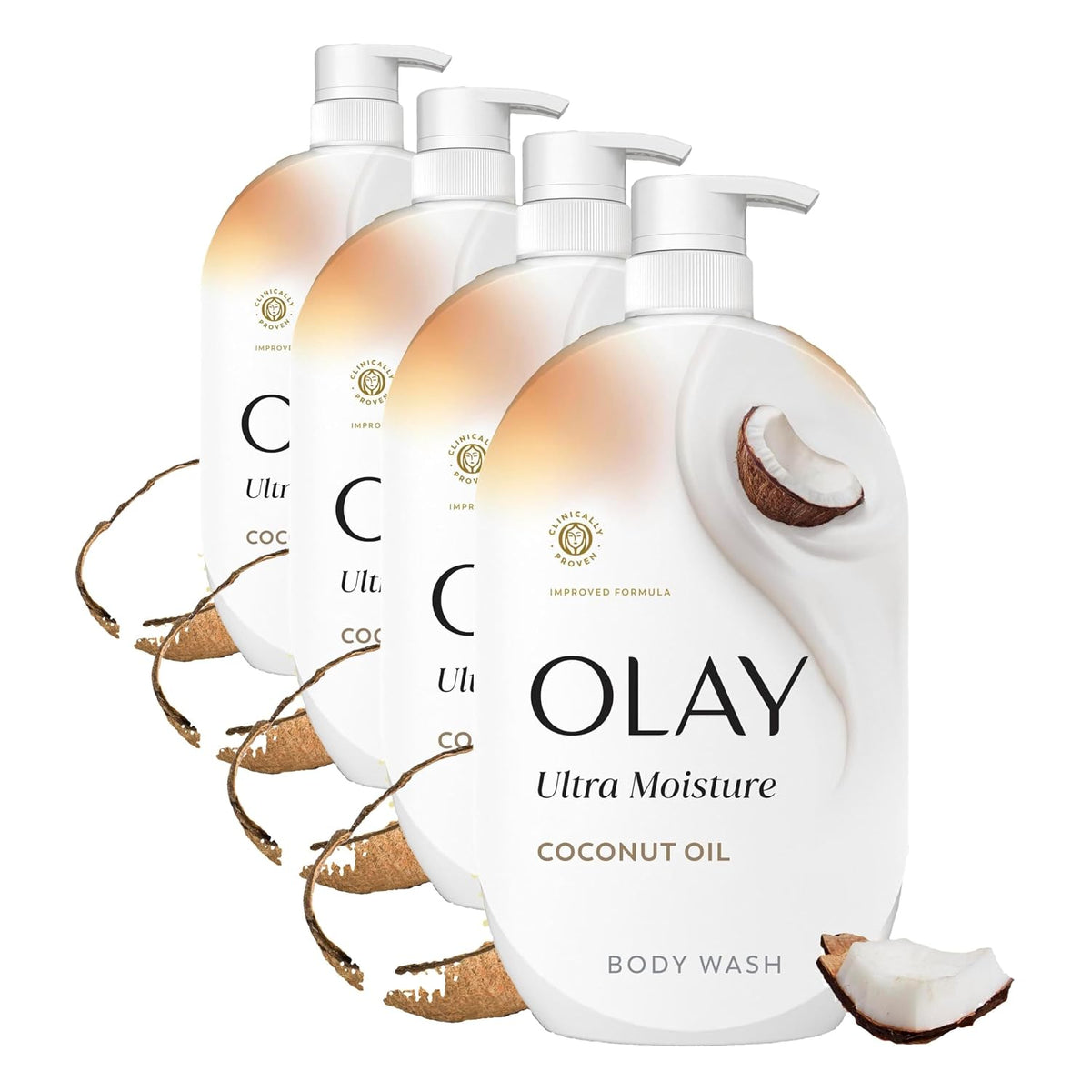 Four bottles of Olay Ultra Moisture Coconut Oil Body Wash arranged in a staggered row on a white background, with coconut graphics and small cutout coconut pieces around the bottles.