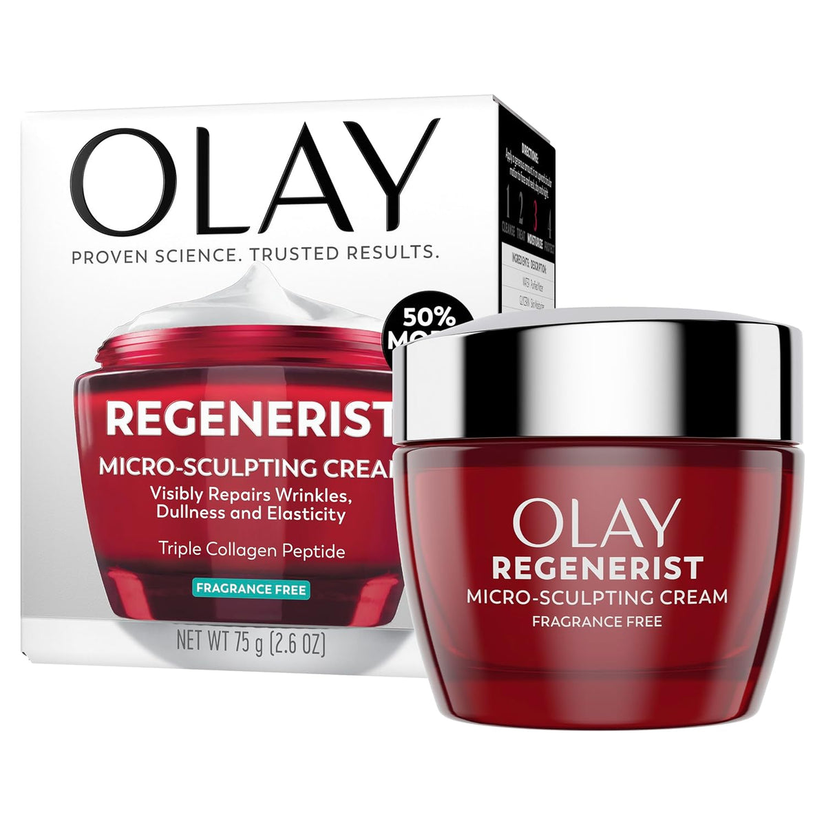 Olay Regenerist Micro-Sculpting Cream shown with its white and black retail box and a red cosmetic jar with a silver lid on a white background.