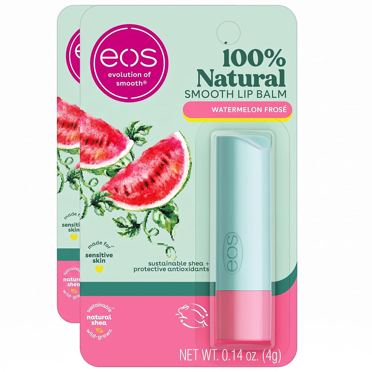 Two packages of EOS 100% Natural Smooth Lip Balm in Watermelon Froçé flavor, showing the lip balm tube and its watermelon-themed packaging.