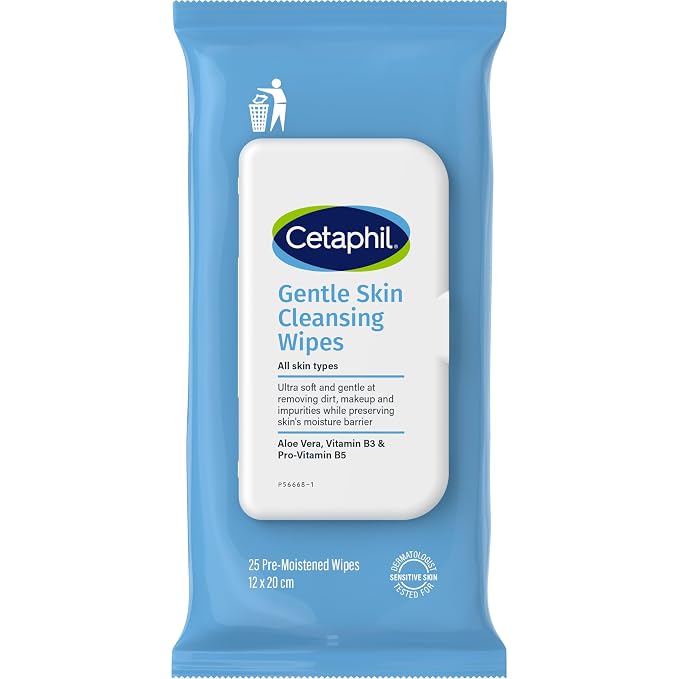 A package of Cetaphil Gentle Skin Cleansing Wipes in a light blue resealable pouch with a white front label, shown on a plain white background.
