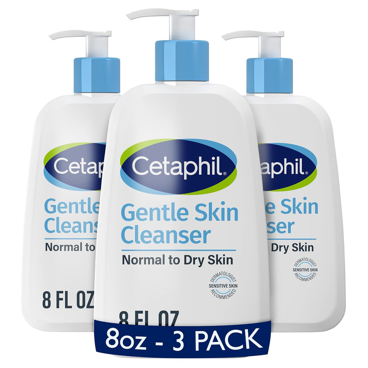 Three bottles of Cetaphil Gentle Skin Cleanser on a white background