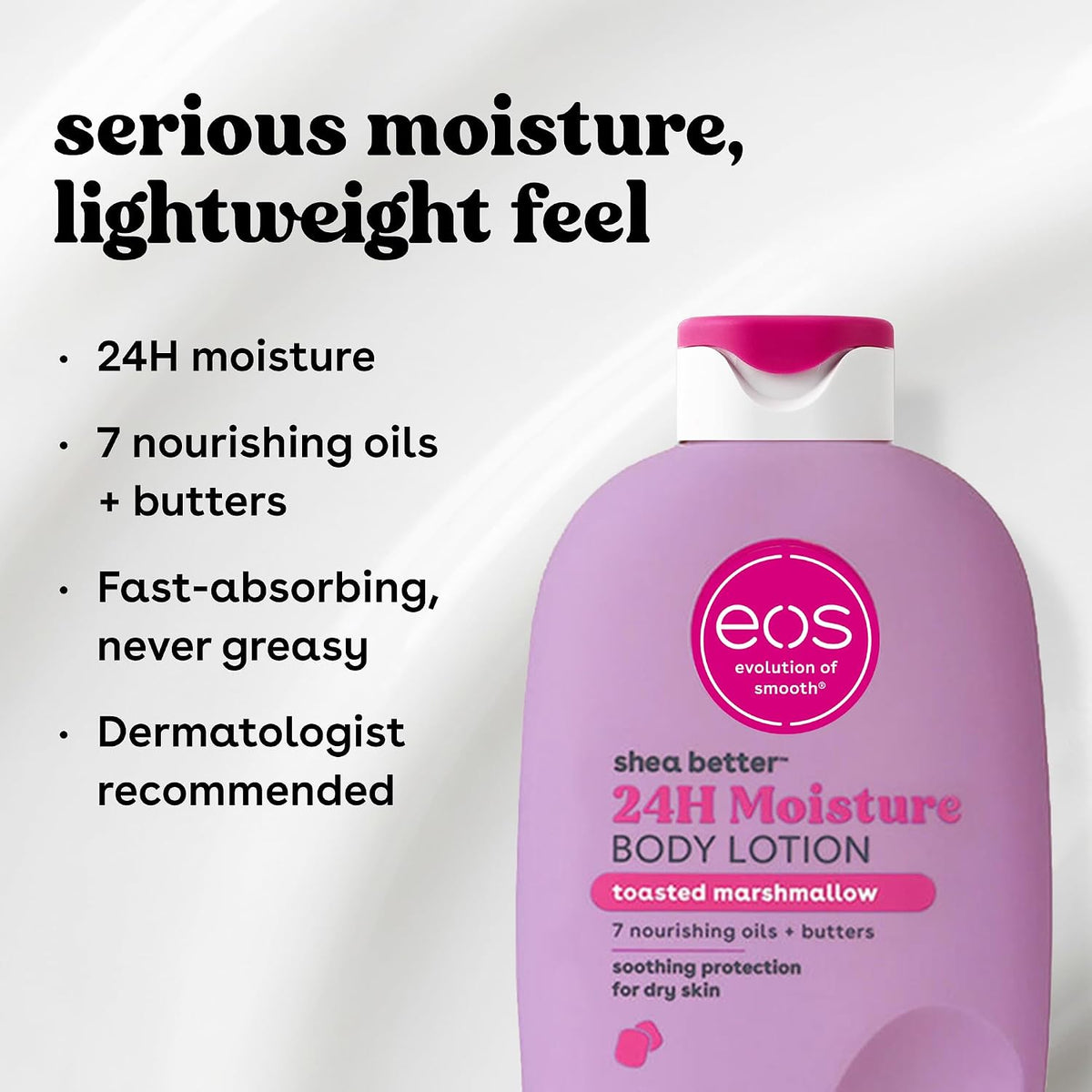 A bottle of EOS 24H Moisture Body Lotion in toasted marshmallow scent, shown on a light gray background with promotional text highlighting 24-hour moisture, nourishing oils and butters, and dermatologist recommendation.