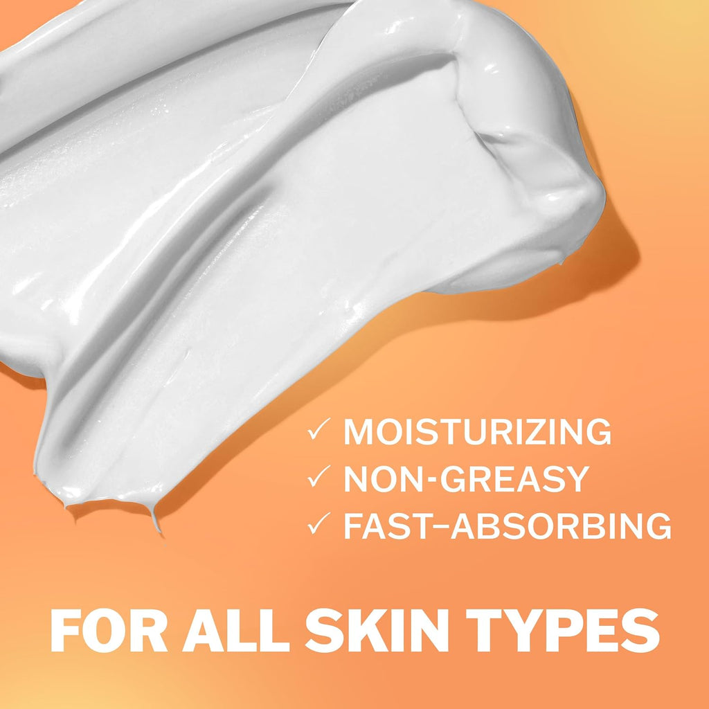 White cream being spread on an orange background with text highlighting benefits