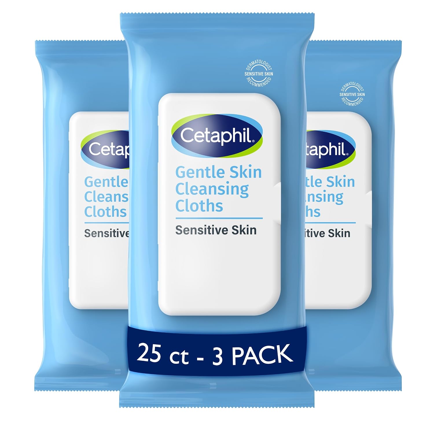 Three packages of Cetaphil Gentle Skin Cleansing Cloths for sensitive skin on a white background.