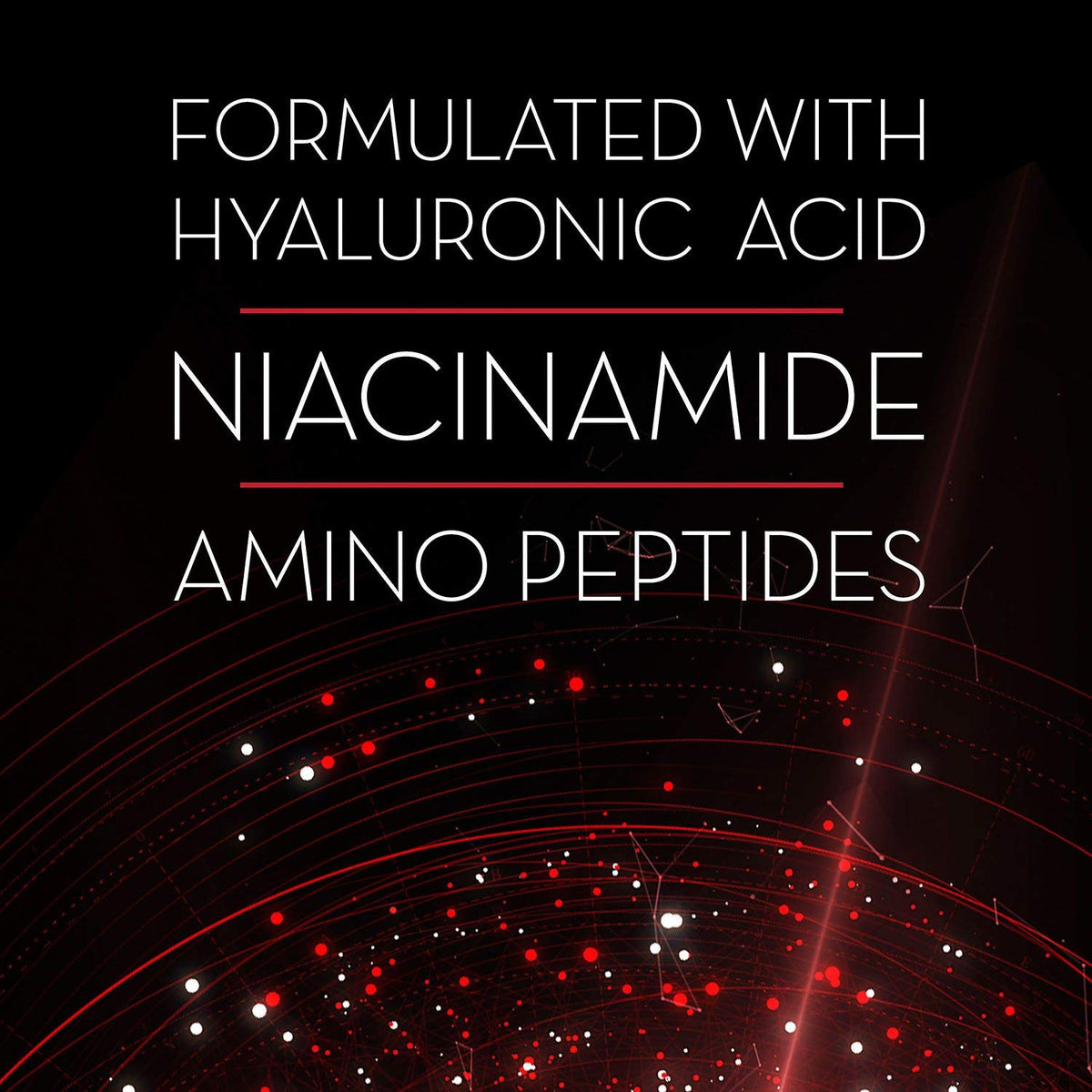 Text on a dark background listing ingredients: Hyaluronic Acid, Niacinamide, Amino Peptides.