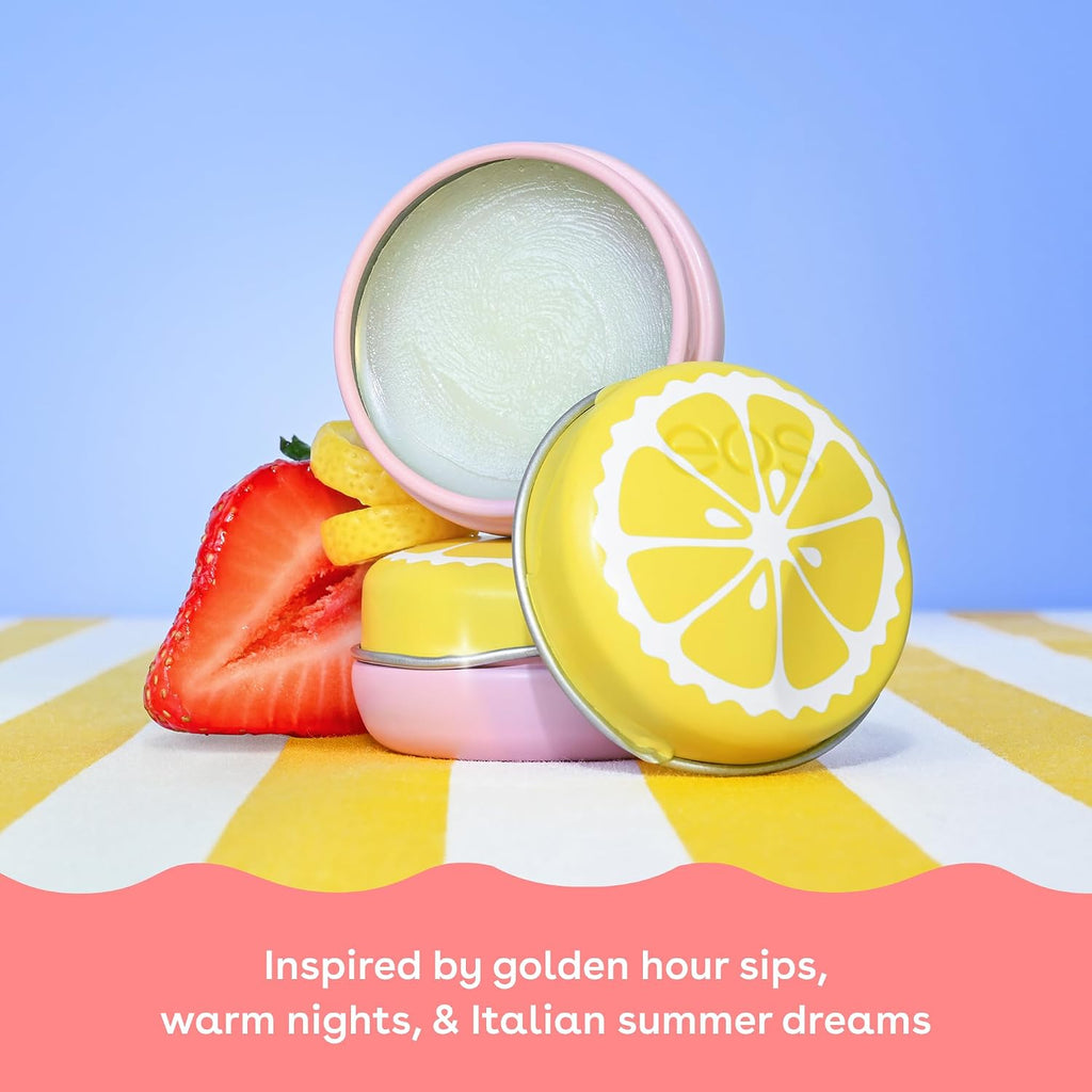 Strawberry Limoncello lip balm packaging with lemon illustration on blue background