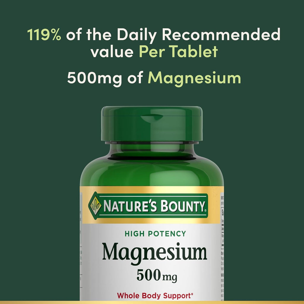 Nature's Bounty Magnesium 500 mg Tablets, High Potency Magnesium Supplement for Bone & Muscle Health, Whole Body Support