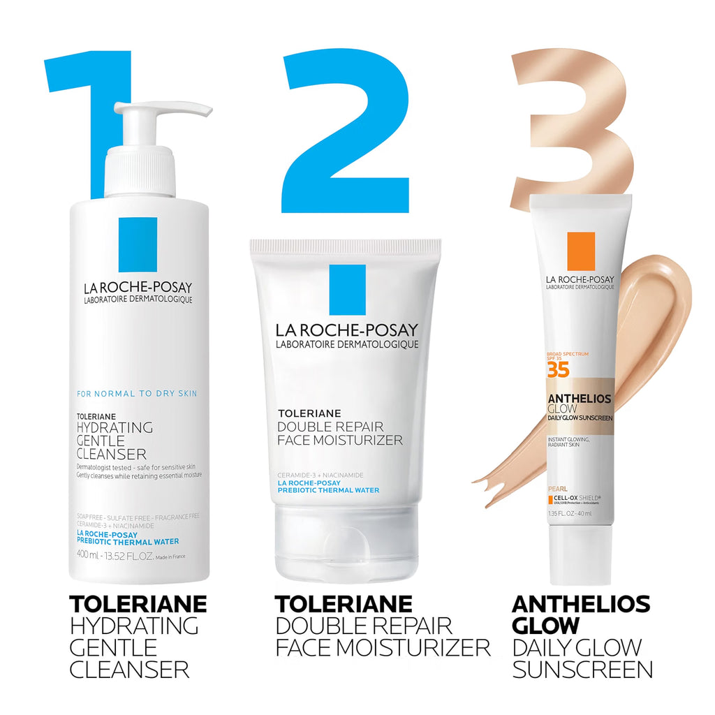 Three La Roche-Posay skincare products arranged on a white background with large numbered callouts 1, 2, and 3. Product 1 is a Toleriane Hydrating Gentle Cleanser in a white pump bottle.