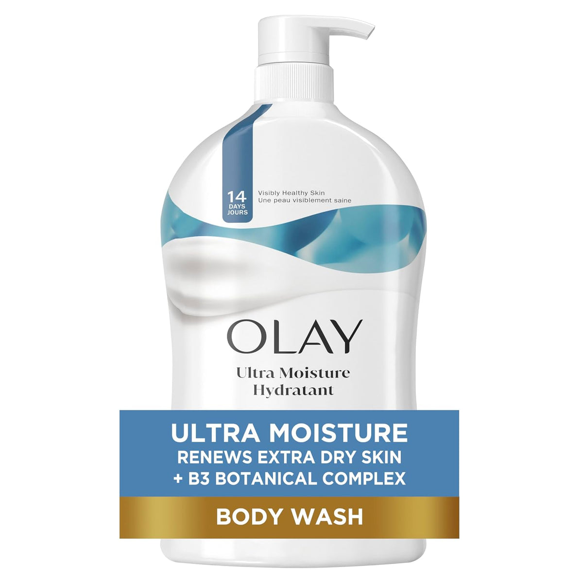 Olay Ultra Moisture Body Wash in a white pump bottle with blue and white graphics, featuring a blue and gold promotional banner at the bottom.