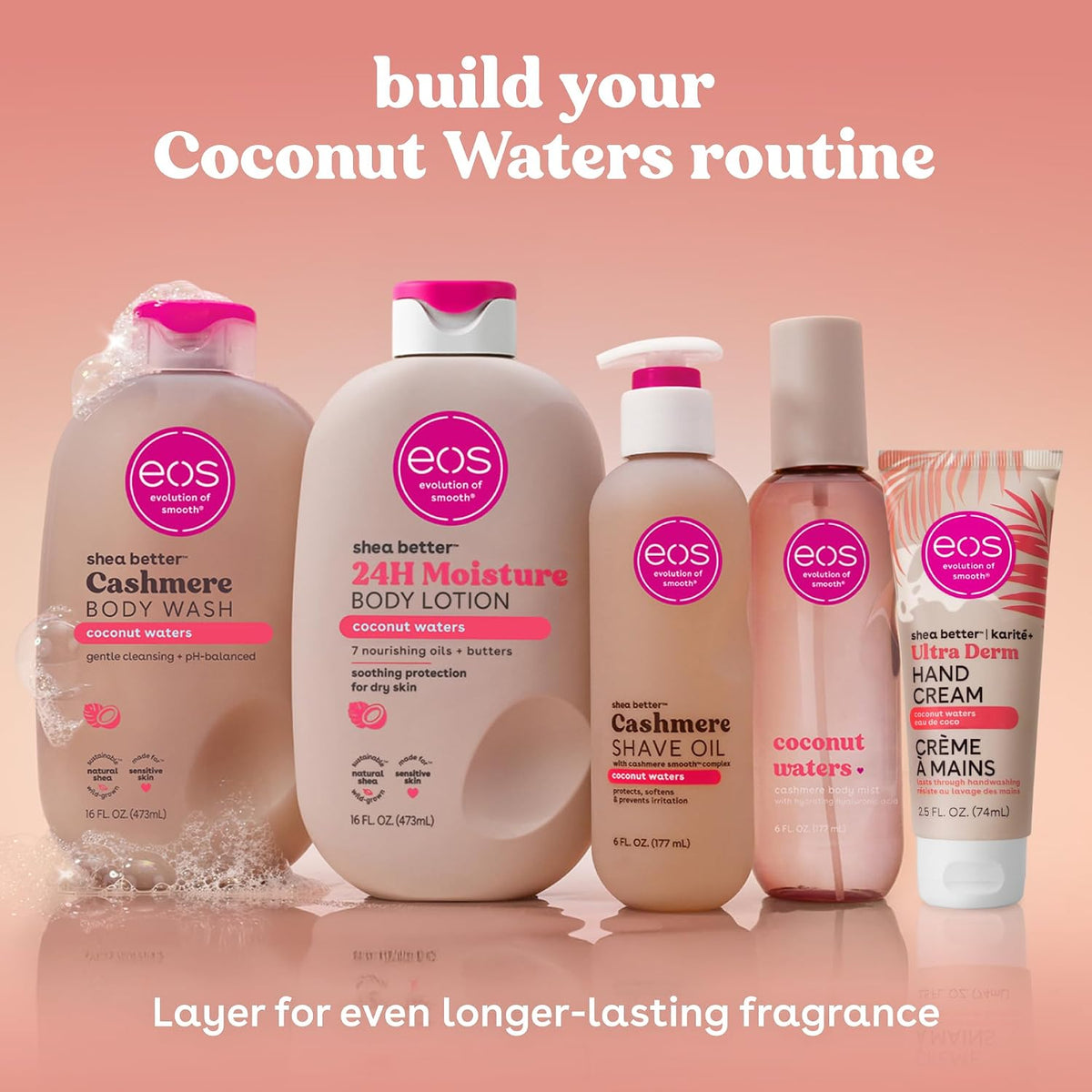 Five EOS Better Skincare coconut water themed body care products arranged against a peach-pink gradient background with white text reading 'build your Coconut Waters routine' and 'Layer for even longer-lasting fragrance.' The products include body wash with foam, body lotion, shave oil, shower gel, and hand cream.