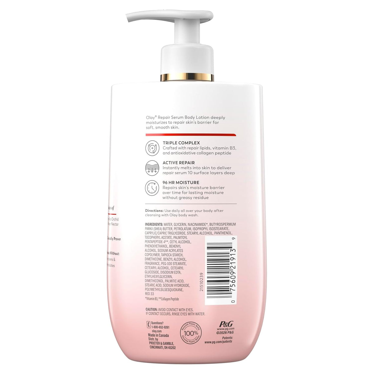 The back of a Pat G’ Clear Super Serum Body Lotion bottle, showing product information, ingredients, and a barcode on a white background.